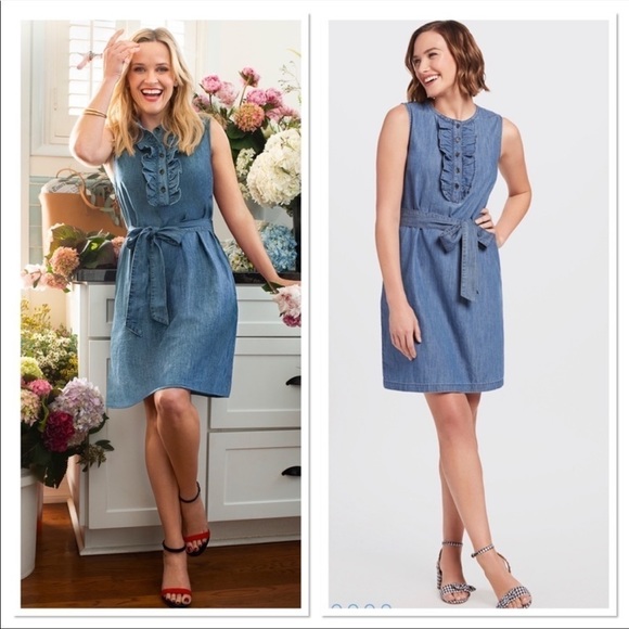 Draper James Sleeveless Chambray Ruffle Shift Dress in Blue Size Extra Small - Picture 2 of 8